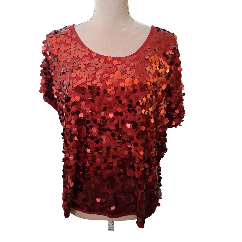 Apt. 9 Womens Medium Red Sequin Front Short Sleeve Scoop Neck Party Top Blouse